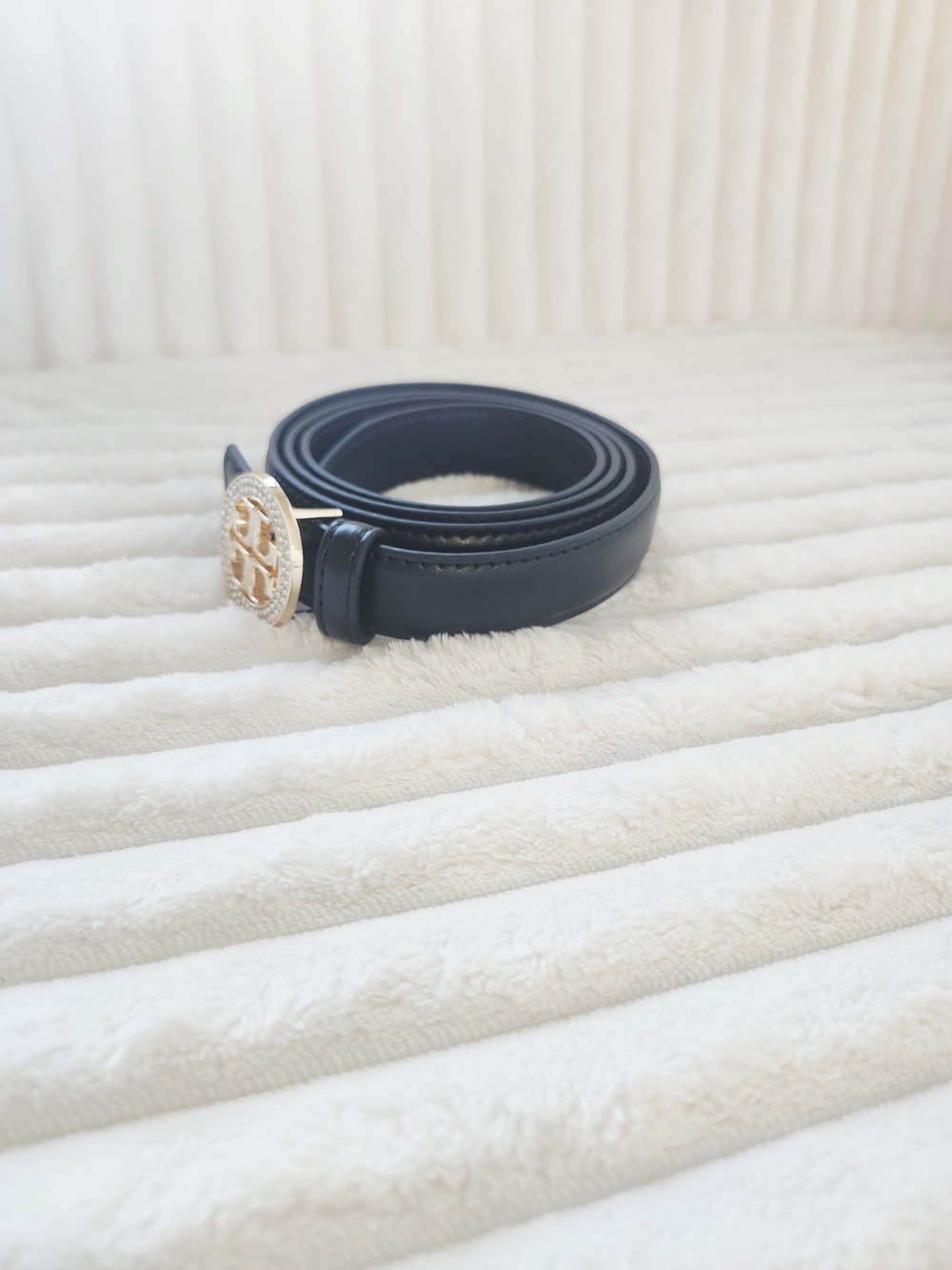 Tory Burch Black Leather Miller Logo Belt Crystal Pave Double T Buckle - Picture 3 of 5